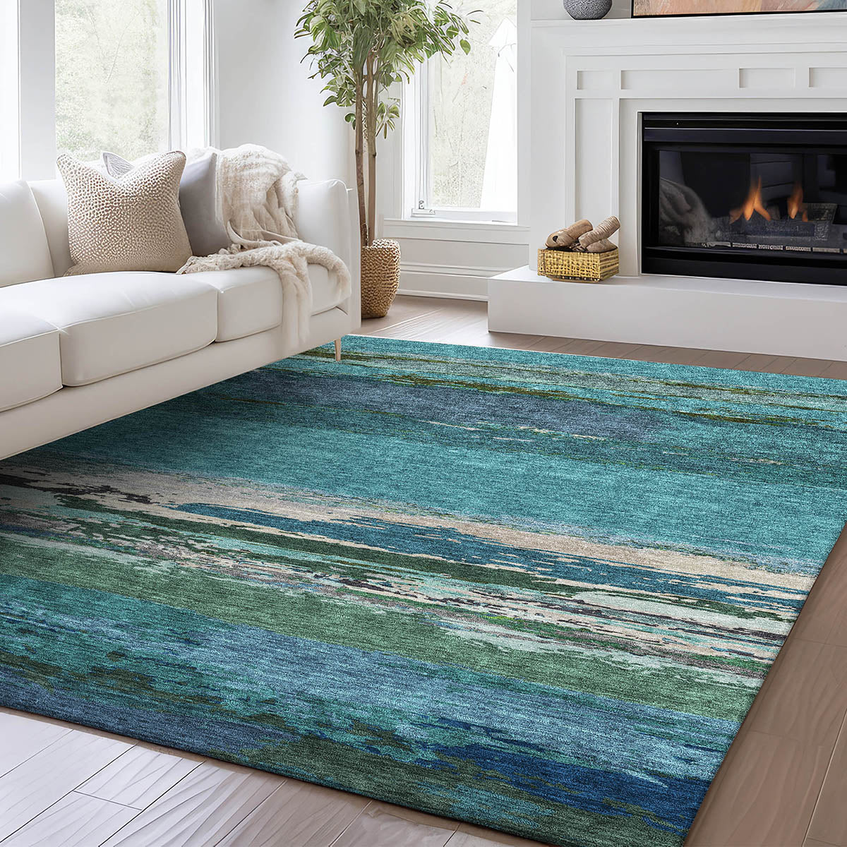 Vibrant multicolored blue rug, ideal at Tacoma Furniture Consignment, infusing fresh energy and modern flair into any setting.