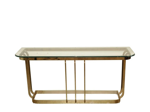 post modern hollywood glamorous console table with glass, wood, and brass console