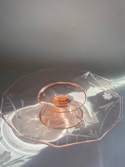 Dusty Pink Color Translucent Tray with Etched Flowers 11" x 2