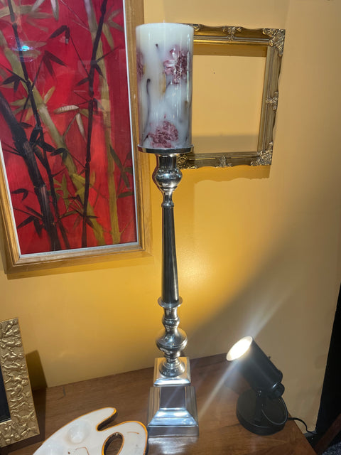 Tall Silver Candle Holder With White Flower Candle 26.5" x 5"