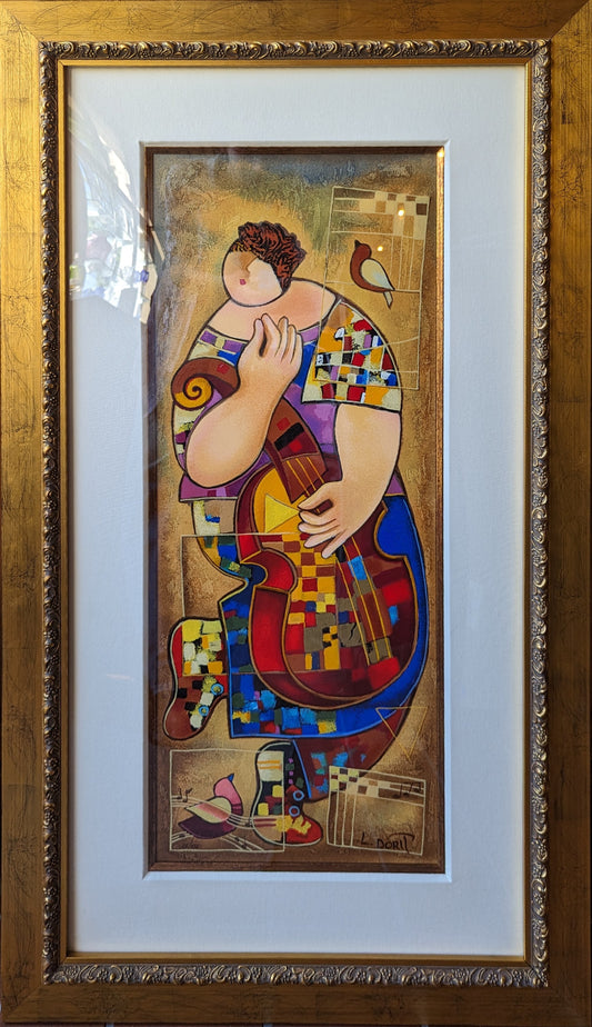 Signed Serigraph of a Figure and a Cello by L. Dorit 23" x 41"