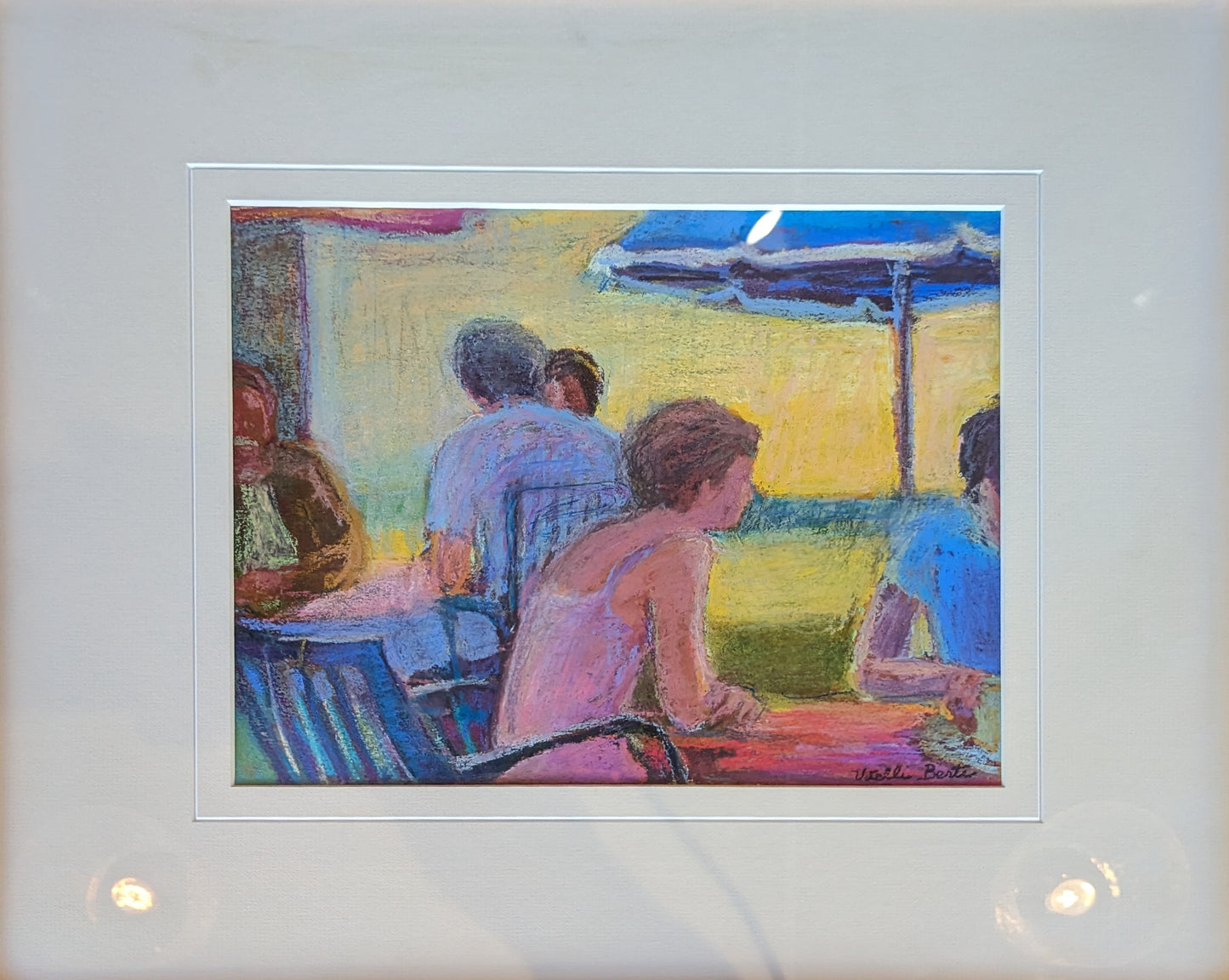 Original Framed Oil Pastel Drawing by Mary Vitelli-Berti of People Seated Outdoors at a Cafe 21"x19"