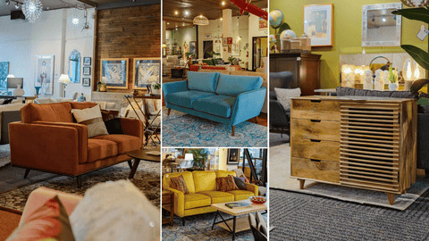 Orange Sofas, Blue Sofa, and Yellow Sofa inside of a furniture store in Tacoma