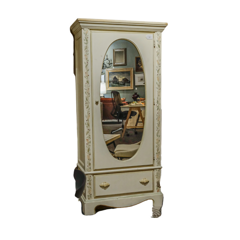 vintage and antique handpainted vaughan armoire with leaf and flower painting in a creme shell white color with large mirror