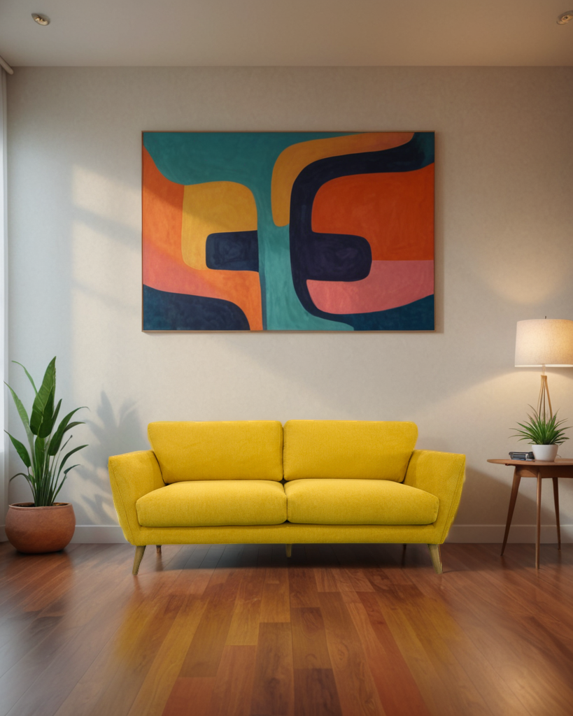 Yellow midcentury modern sofa available at a top-rated Seattle-area furniture store, adding vibrant style to your living space.