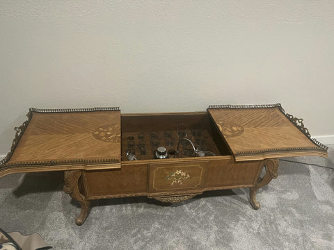 Jacobean Antique Coffee Table Bar w/ crystal glasses
