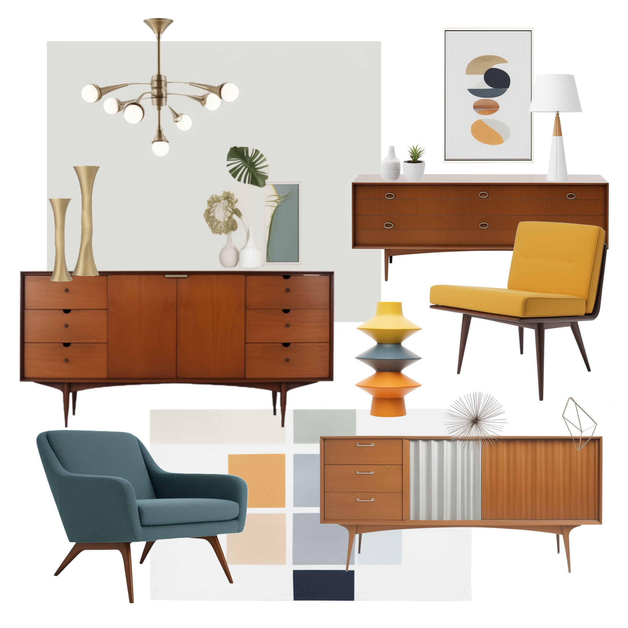 Explore a captivating midcentury modern mood board in Tacoma, Washington, showcasing a harmonious blend of sleek lines, organic shapes, and vibrant hues, capturing the essence of retro-chic design.