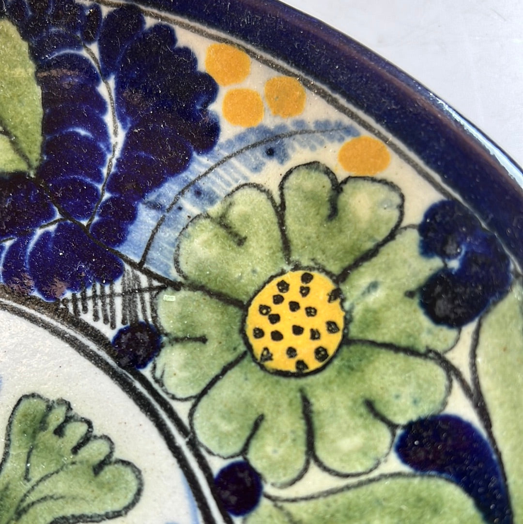Talavera Pottery Blue Edge Plate Assinado México Arte Artesanal La Corona Vintage 10”
