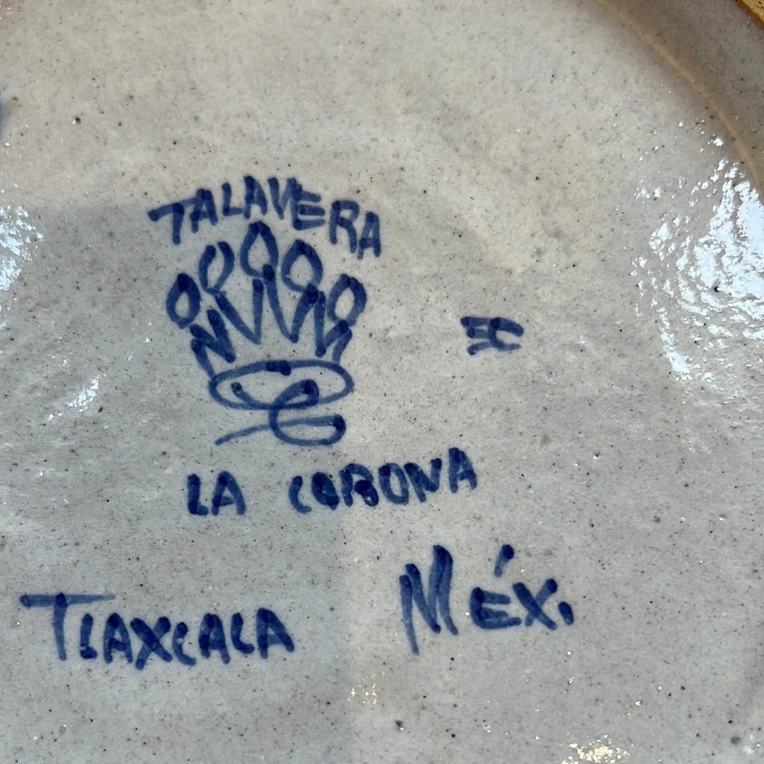 Talavera Pottery Blue Edge Plate Assinado México Arte Artesanal La Corona Vintage 10”