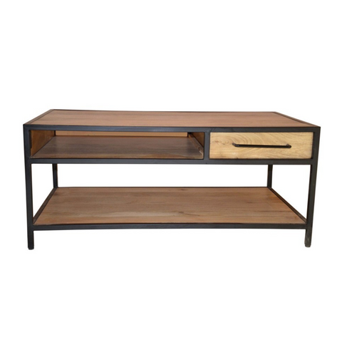 industrial/rustic wooden and black metal trim coffee table with drawer and storage
