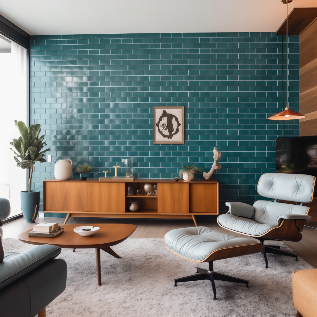 Retro Midcentury Modern Living Room with teal tiling on the wall and an eames chair 