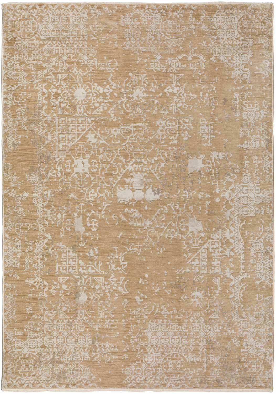 modern reproduction of a beige and honey colored rug with white details