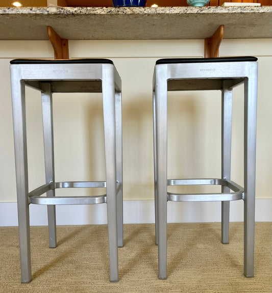 Pair of Emeco Stools by Philippe Stark, Bar Height, Black Leather Seats 14" X 14" X 30"