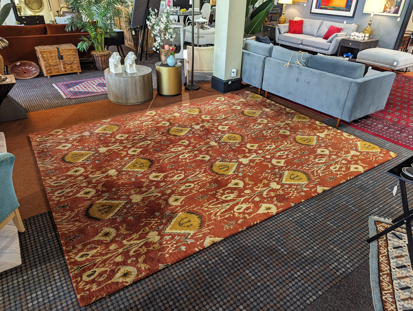 Nearly New Large Wool Area Rug with Various Warm Tones and Semi Floral Motifs 9'x12'