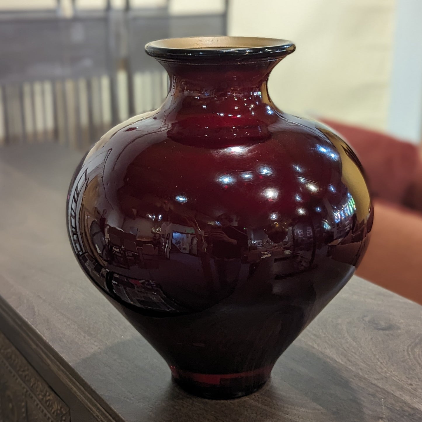 Red Glass Vase with Golden Rim 14"D x 14"H