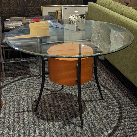 mid century modern glass and retro dining table with wood base and metal legs