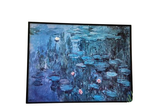 deep blue colors and black shadows of claude monet with tiny pink flowers on a pond on canvas with black frame