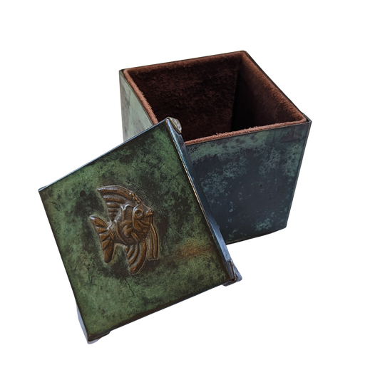 Small Green Patinaed Box with Brown Suede Interior 3"x3"x3"