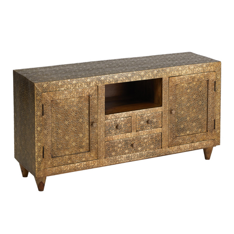 bronze starred and star pattern textured sideboard with 4 drawers and 2 cabinets