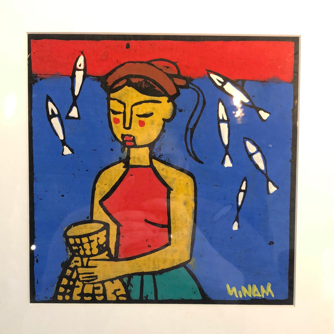 Rice Paper Woman w/ Basket Print (13" x 13")