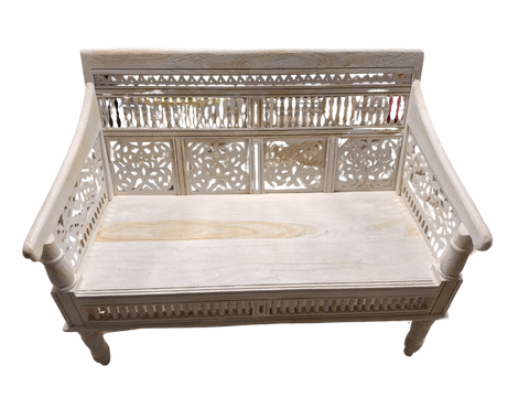 White Wash Carved Wood Bench 47" x 37" x 25"