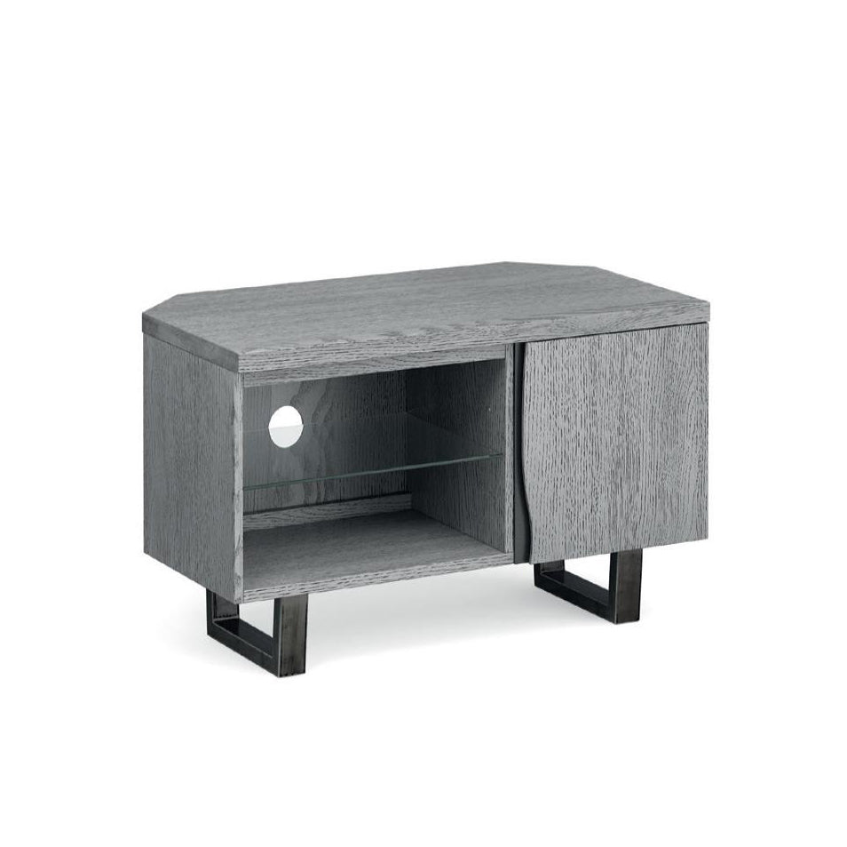 small functional grey modern minimalistic side table with glass shelf and sliding door